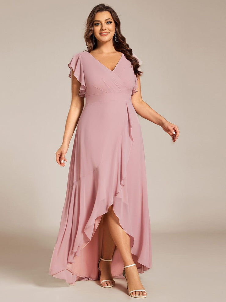 Elegant Ruffled Chiffon High-Low Bridesmaid Dress with Backless Design