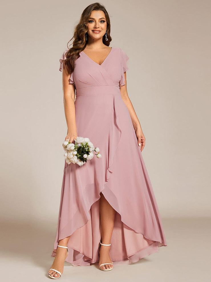 Plus Size Ruffled Chiffon High-Low Bridesmaid Dress with Backless Design