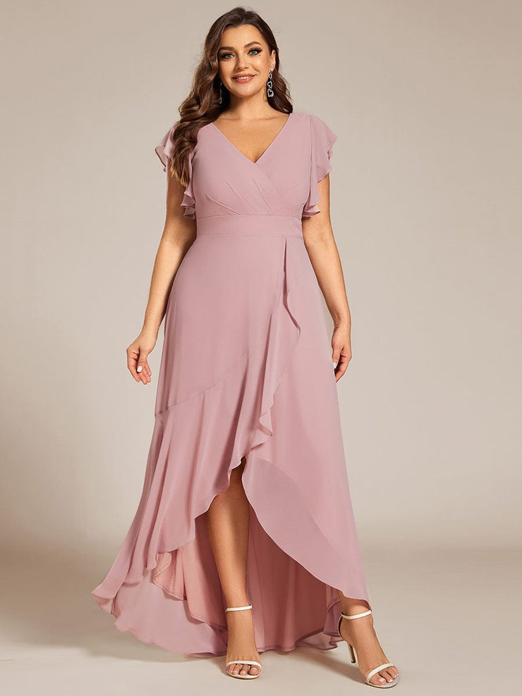 Plus Size Ruffled Chiffon High-Low Bridesmaid Dress with Backless Design