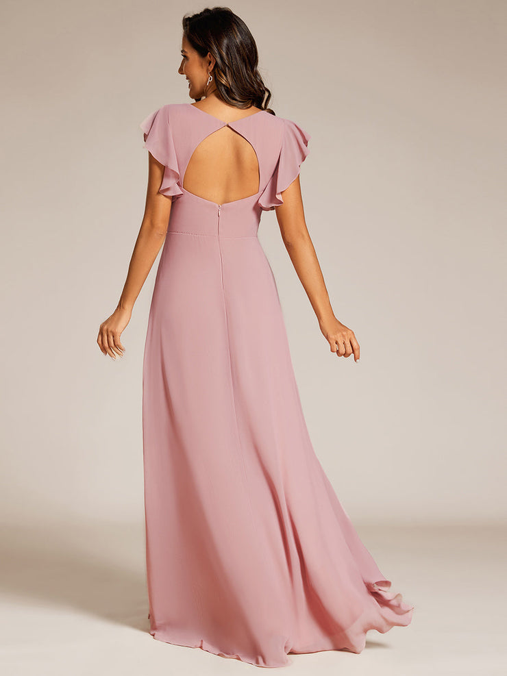 Elegant Ruffled Chiffon High-Low Bridesmaid Dress with Backless Design