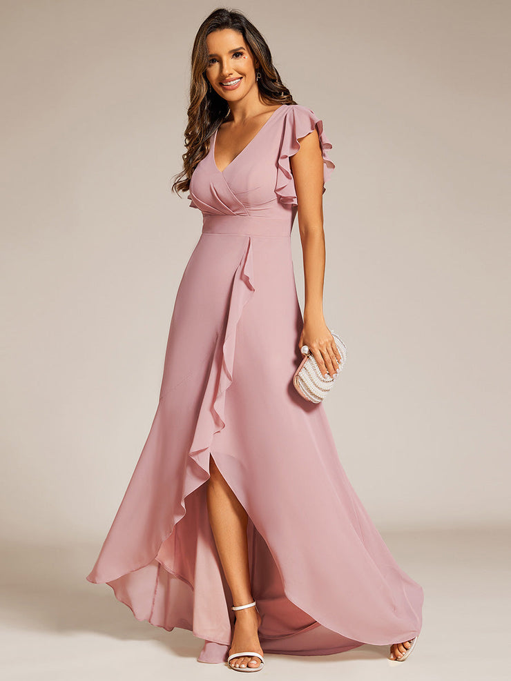 Elegant Ruffled Chiffon High-Low Bridesmaid Dress with Backless Design