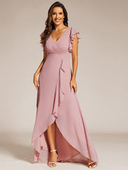 Elegant Ruffled Chiffon High-Low Bridesmaid Dress with Backless Design