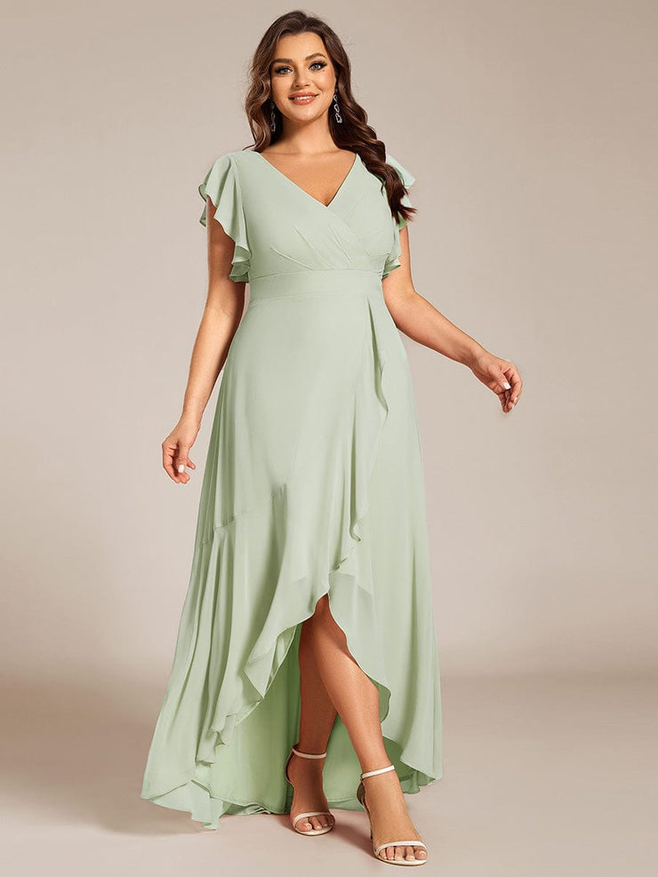 Elegant Ruffled Chiffon High-Low Bridesmaid Dress with Backless Design