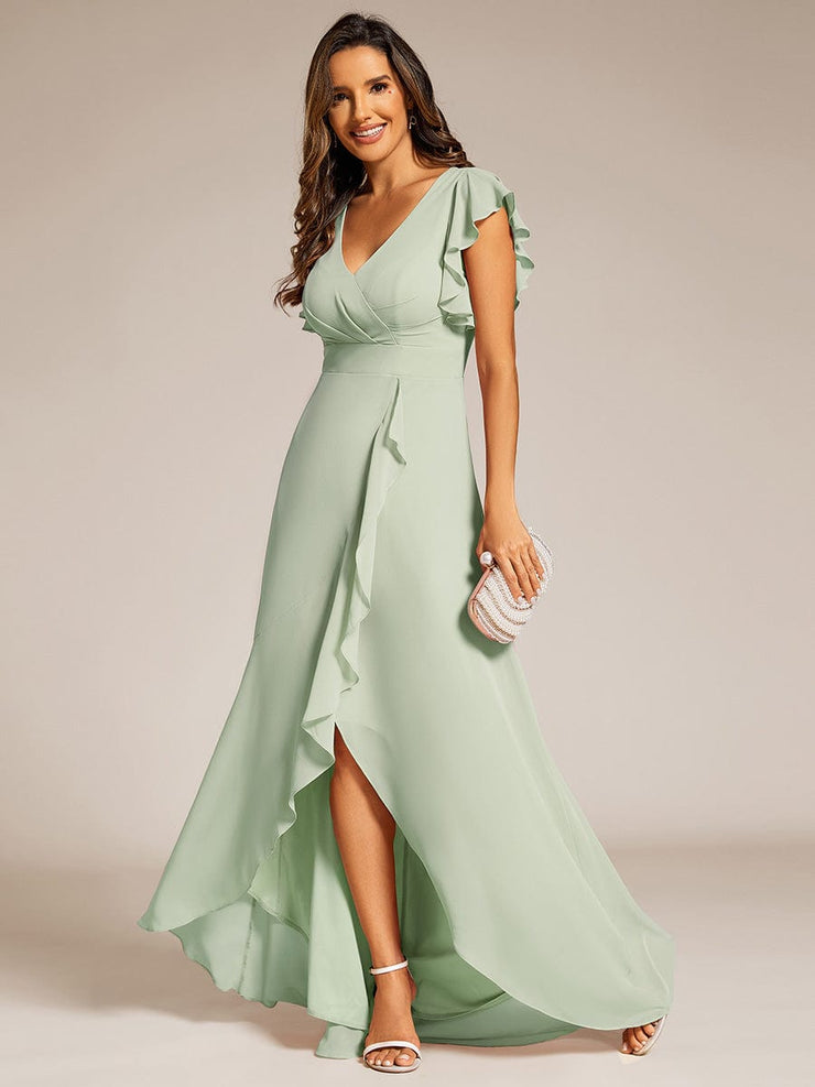 Elegant Ruffled Chiffon High-Low Bridesmaid Dress with Backless Design