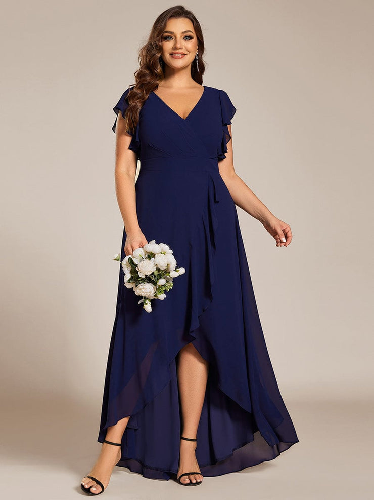 Plus Size Ruffled Chiffon High-Low Bridesmaid Dress with Backless Design