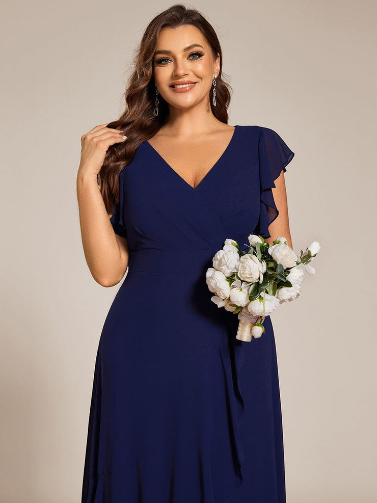 Plus Size Ruffled Chiffon High-Low Bridesmaid Dress with Backless Design