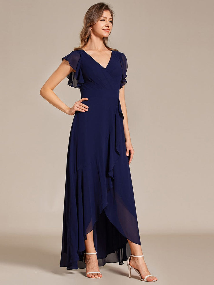 Elegant Ruffled Chiffon High-Low Bridesmaid Dress with Backless Design