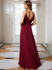 Chiffon Pleated Spaghetti Strap Cowl-Back Maxi Bridesmaid Dress In Pink