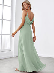 Chiffon Pleated Spaghetti Strap Cowl-Back Maxi Bridesmaid Dress In Pink