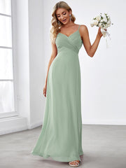 Chiffon Pleated Spaghetti Strap Cowl-Back Maxi Bridesmaid Dress In Pink