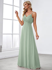 Chiffon Pleated Spaghetti Strap Cowl-Back Maxi Bridesmaid Dress In Pink