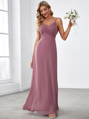 Chiffon Pleated Spaghetti Strap Cowl-Back Maxi Bridesmaid Dress In Pink