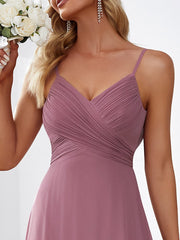 Chiffon Pleated Spaghetti Strap Cowl-Back Maxi Bridesmaid Dress In Pink