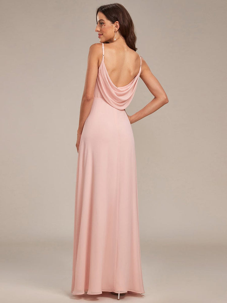 Chiffon Pleated Spaghetti Strap Cowl-Back Maxi Bridesmaid Dress In Pink