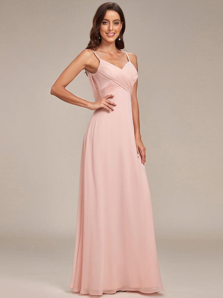 Chiffon Pleated Spaghetti Strap Cowl-Back Maxi Bridesmaid Dress In Pink