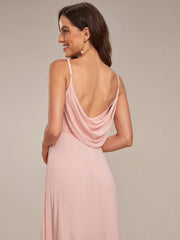 Chiffon Pleated Spaghetti Strap Cowl-Back Maxi Bridesmaid Dress In Pink