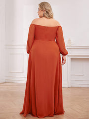 Plus Size Long-Sleeved Chiffon Off Shoulder Bridesmaid Dresses with High Slit