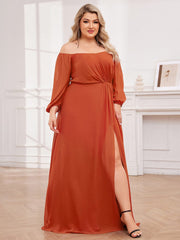 Plus Size Long-Sleeved Chiffon Off Shoulder Bridesmaid Dresses with High Slit