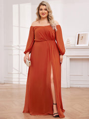 Plus Size Long-Sleeved Chiffon Off Shoulder Bridesmaid Dresses with High Slit