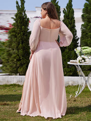 Plus Size Long-Sleeved Chiffon Off Shoulder Bridesmaid Dresses with High Slit