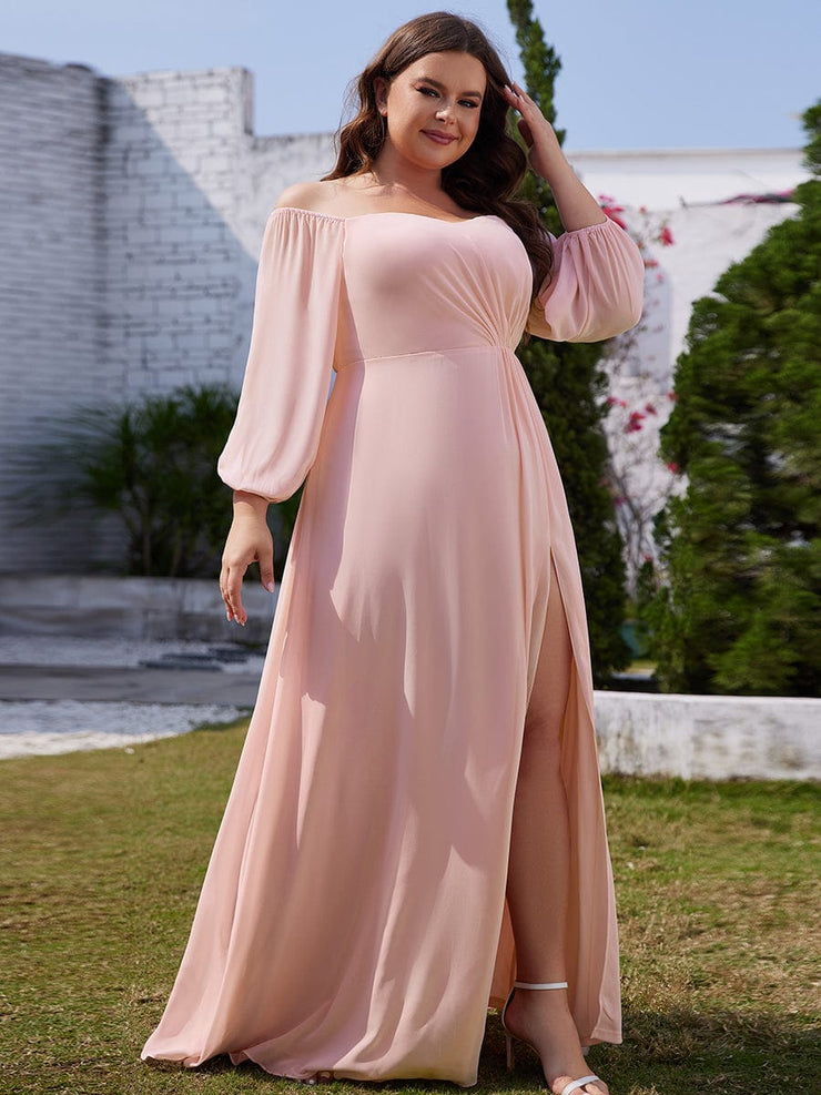 Plus Size Long-Sleeved Chiffon Off Shoulder Bridesmaid Dresses with High Slit