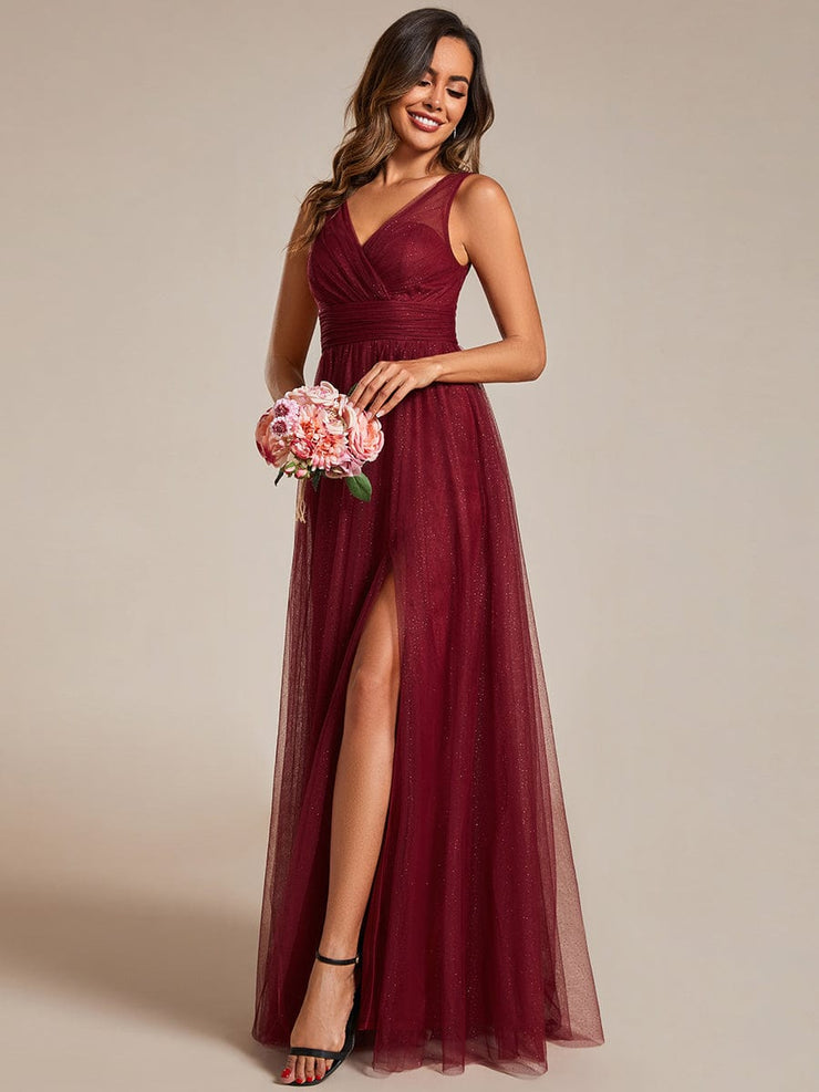 High Waist and Slit Glittering Bridesmaid Dress with V-Neck