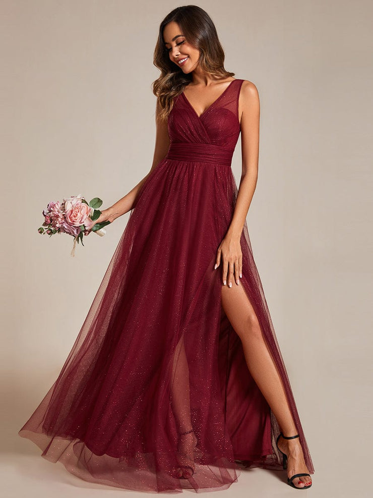 High Waist and Slit Glittering Bridesmaid Dress with V-Neck