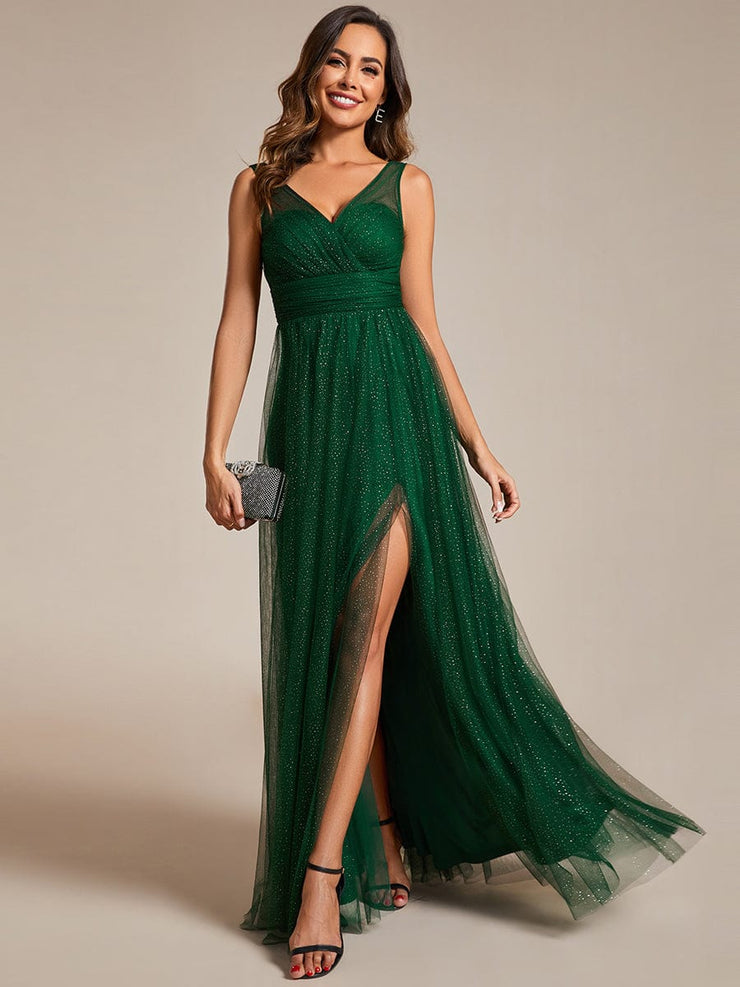 High Waist and Slit Glittering Bridesmaid Dress with V-Neck