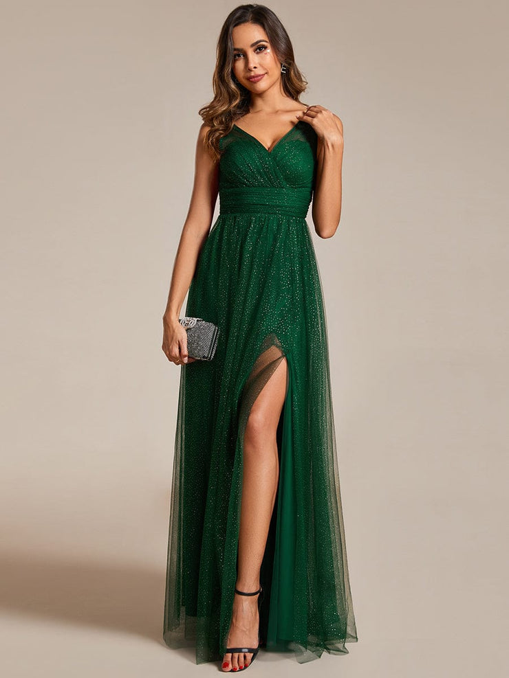 High Waist and Slit Glittering Bridesmaid Dress with V-Neck