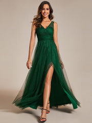 High Waist and Slit Glittering Bridesmaid Dress with V-Neck