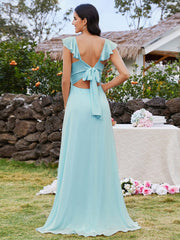 Bow-Tie Backless and High Slit U-Neck Bridesmaid Dress with Ruffle Sleeves