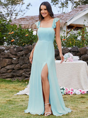 Bow-Tie Backless and High Slit U-Neck Bridesmaid Dress with Ruffle Sleeves