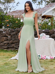 Bow-Tie Backless and High Slit U-Neck Bridesmaid Dress with Ruffle Sleeves