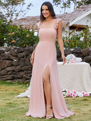 Bow-Tie Backless and High Slit U-Neck Bridesmaid Dress with Ruffle Sleeves