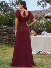 U-Neck Ruffle Sleeve High Slit A-Line Bridesmaid Dress with Back Tie