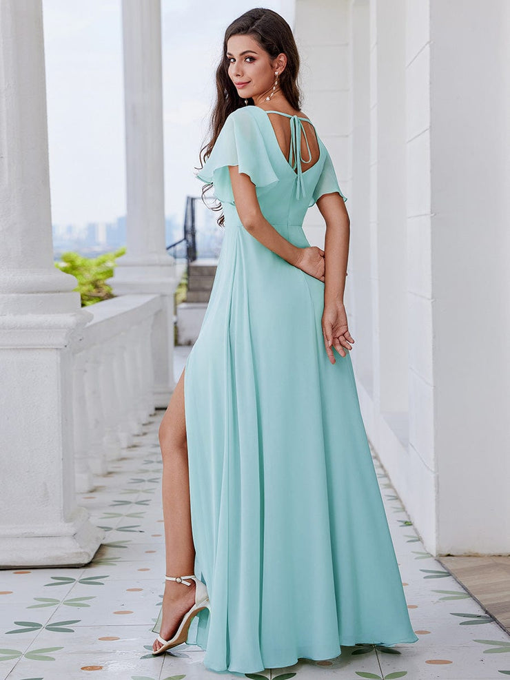 U-Neck Ruffle Sleeve High Slit A-Line Bridesmaid Dress with Back Tie