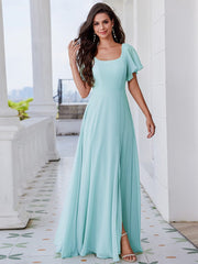 U-Neck Ruffle Sleeve High Slit A-Line Bridesmaid Dress with Back Tie