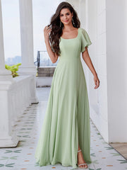 U-Neck Ruffle Sleeve High Slit A-Line Bridesmaid Dress with Back Tie