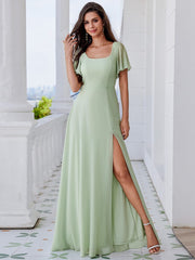 U-Neck Ruffle Sleeve High Slit A-Line Bridesmaid Dress with Back Tie