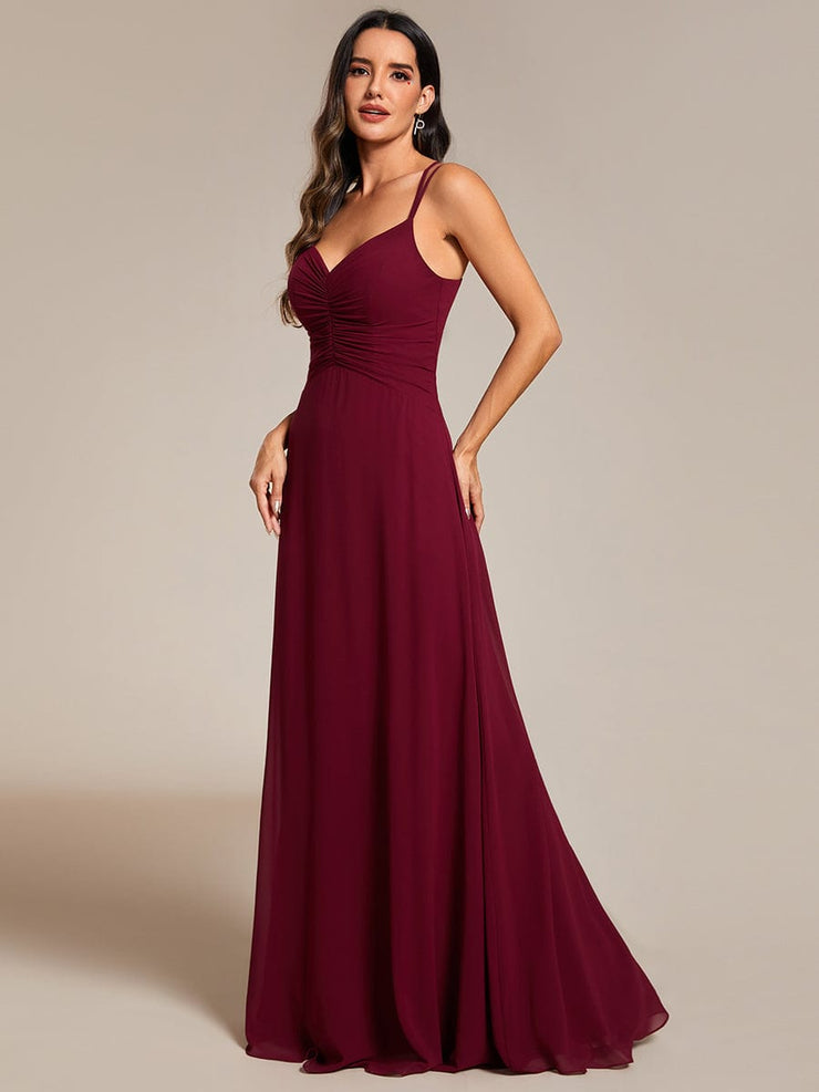 Chic Adjustable Straps Pleated Bridesmaid Dress with V-Neck