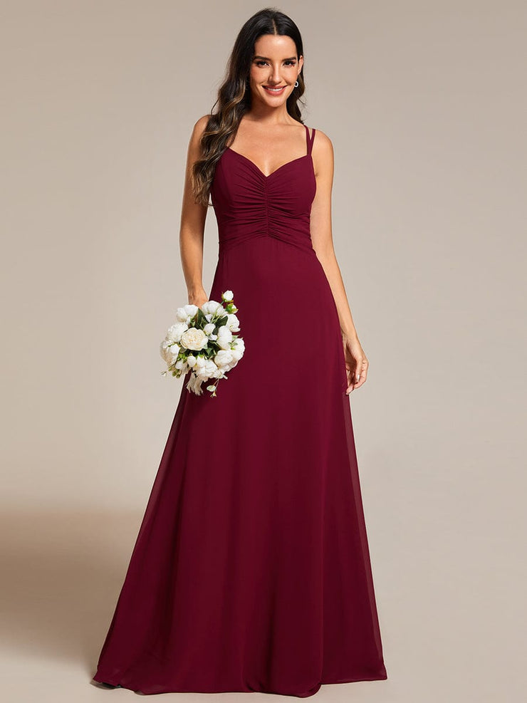 Chic Adjustable Straps Pleated Bridesmaid Dress with V-Neck