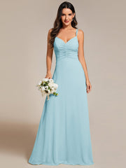 Chic Adjustable Straps Pleated Bridesmaid Dress with V-Neck