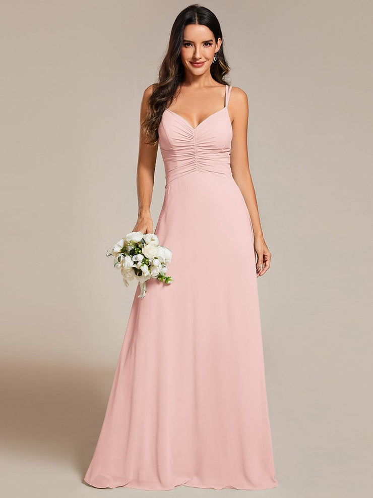 Chic Adjustable Straps Pleated Bridesmaid Dress with V-Neck