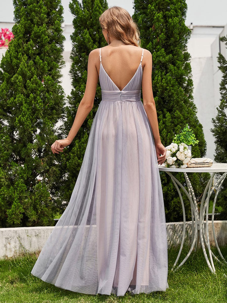 See-Through Backless V-Neck Pleated Sleeveless Bridesmaid Dress