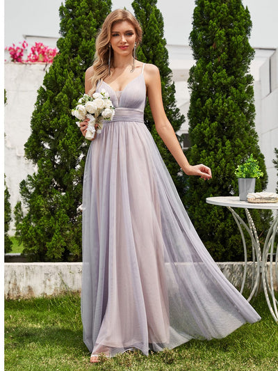 See-Through Backless V-Neck Pleated Sleeveless Bridesmaid Dress