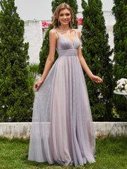 See-Through Backless V-Neck Pleated Sleeveless Bridesmaid Dress