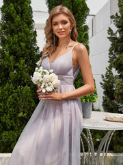 See-Through Backless V-Neck Pleated Sleeveless Bridesmaid Dress