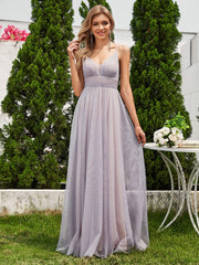 See-Through Backless V-Neck Pleated Sleeveless Bridesmaid Dress