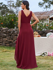 High-Low Ruffles V-Neck Bridesmaid Dress with Waist Pleating