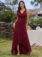 High-Low Ruffles V-Neck Bridesmaid Dress with Waist Pleating